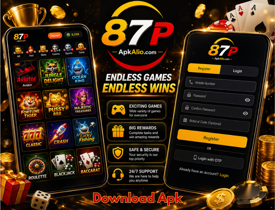 87P APK gameplay interface with multiple games and login system display