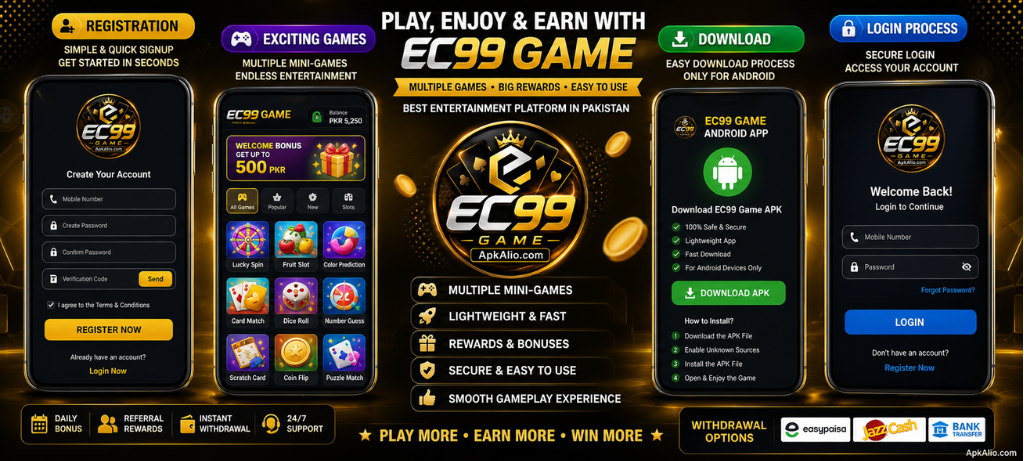 EC99 Game APK download guide with registration, login, and mini games preview on Android